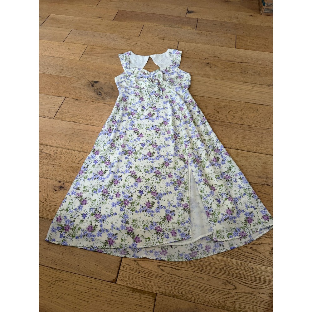 ASTR the Label Cream Purple Floral Midi Dress Front Slit Smocked Back (465)